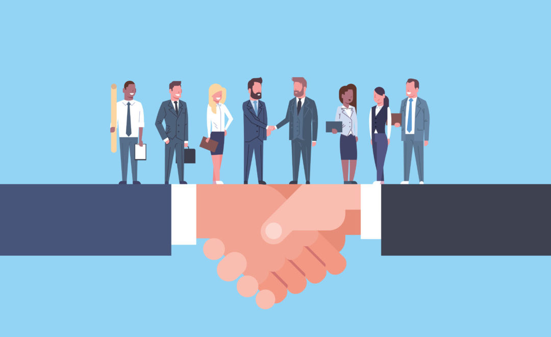 Two Businessmen Shaking Hands With Team Of Businesspeople, Business Agreement And Partnership Concept Flat Vector Illustration